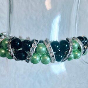 New Handmade Black & Green Glass Beads Rhinestone Stretch Bracelet